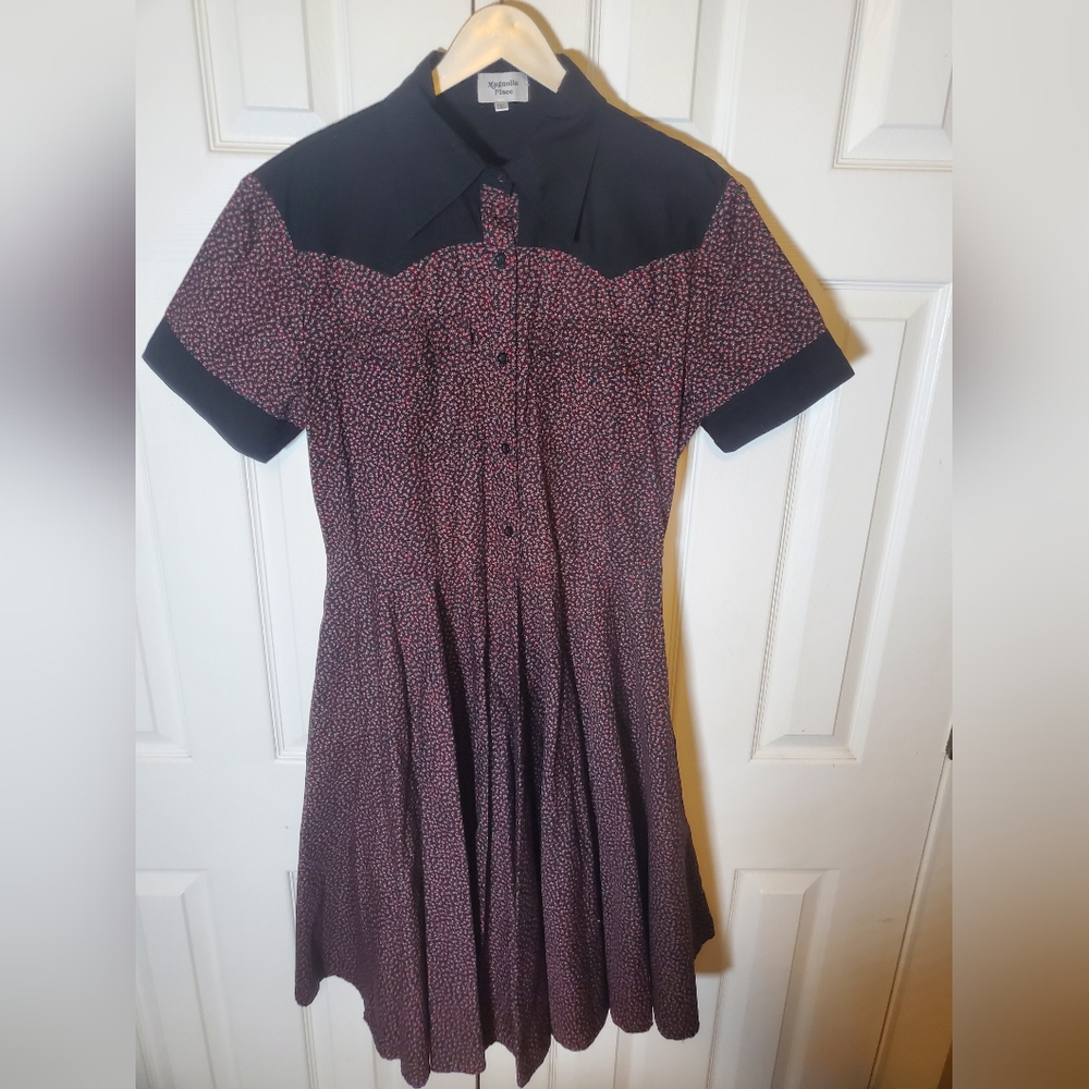 Western style dress, black with red flowers, and pockets!